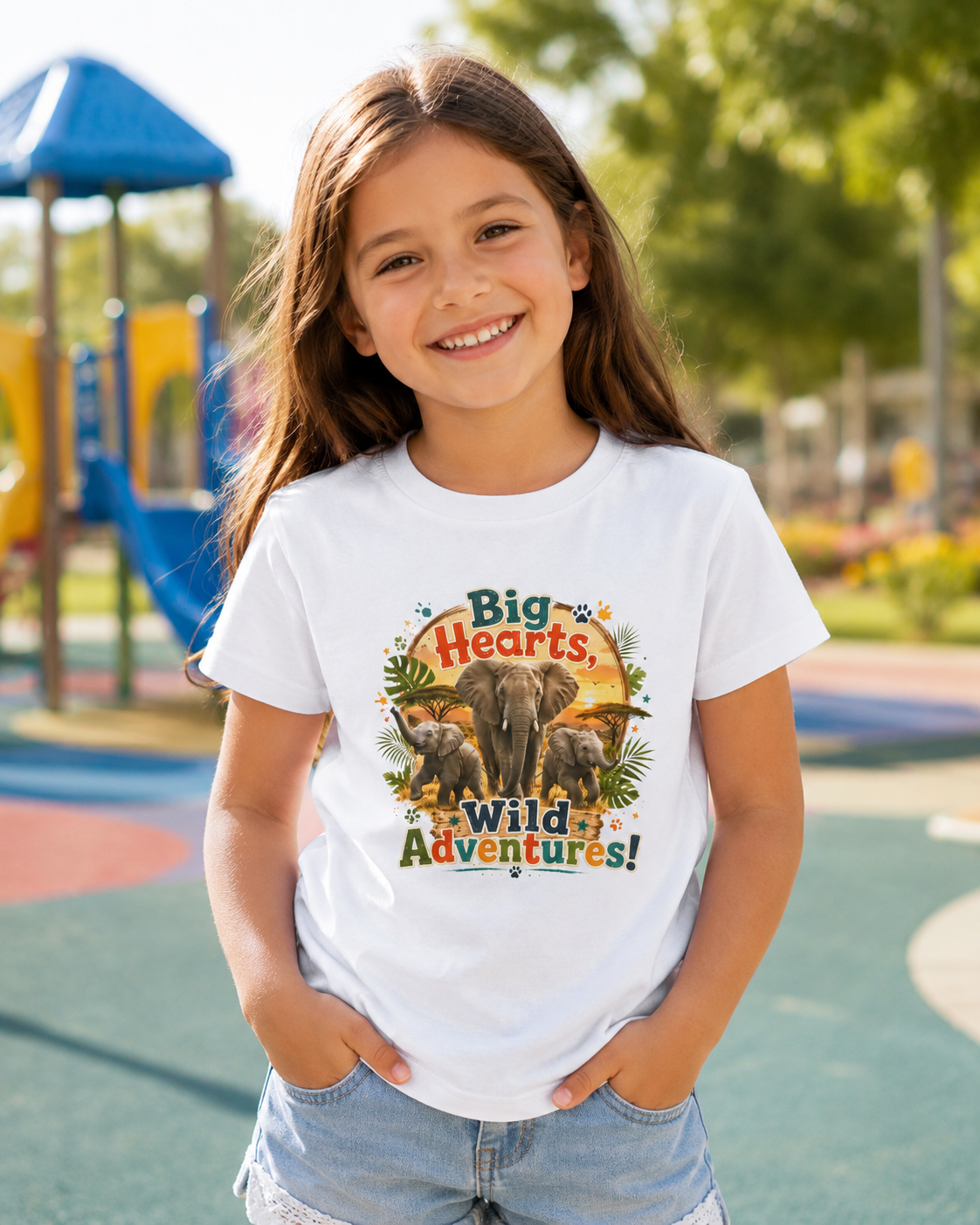 Kids T-Shirt — “Big Hearts, Wild Adventures!” Elephant Safari Shirt for Kids, Cute Animal Adventure Tee