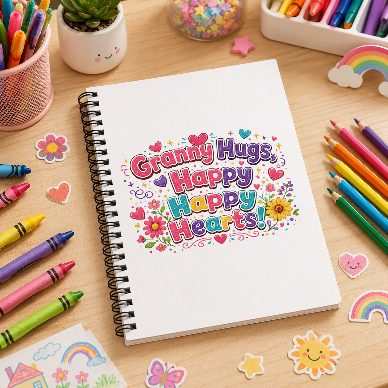 Granny Hugs Happy Happy Hearts Spiral Notebook | Floral Heart Illustration