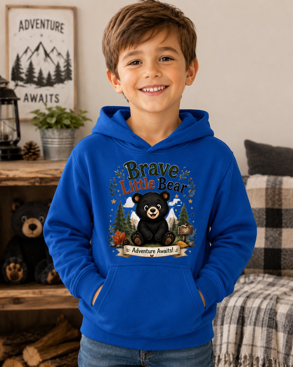 Brave Little Bear Kids Hoodie — 'Adventure Awaits' Woodland Bear Sweatshirt