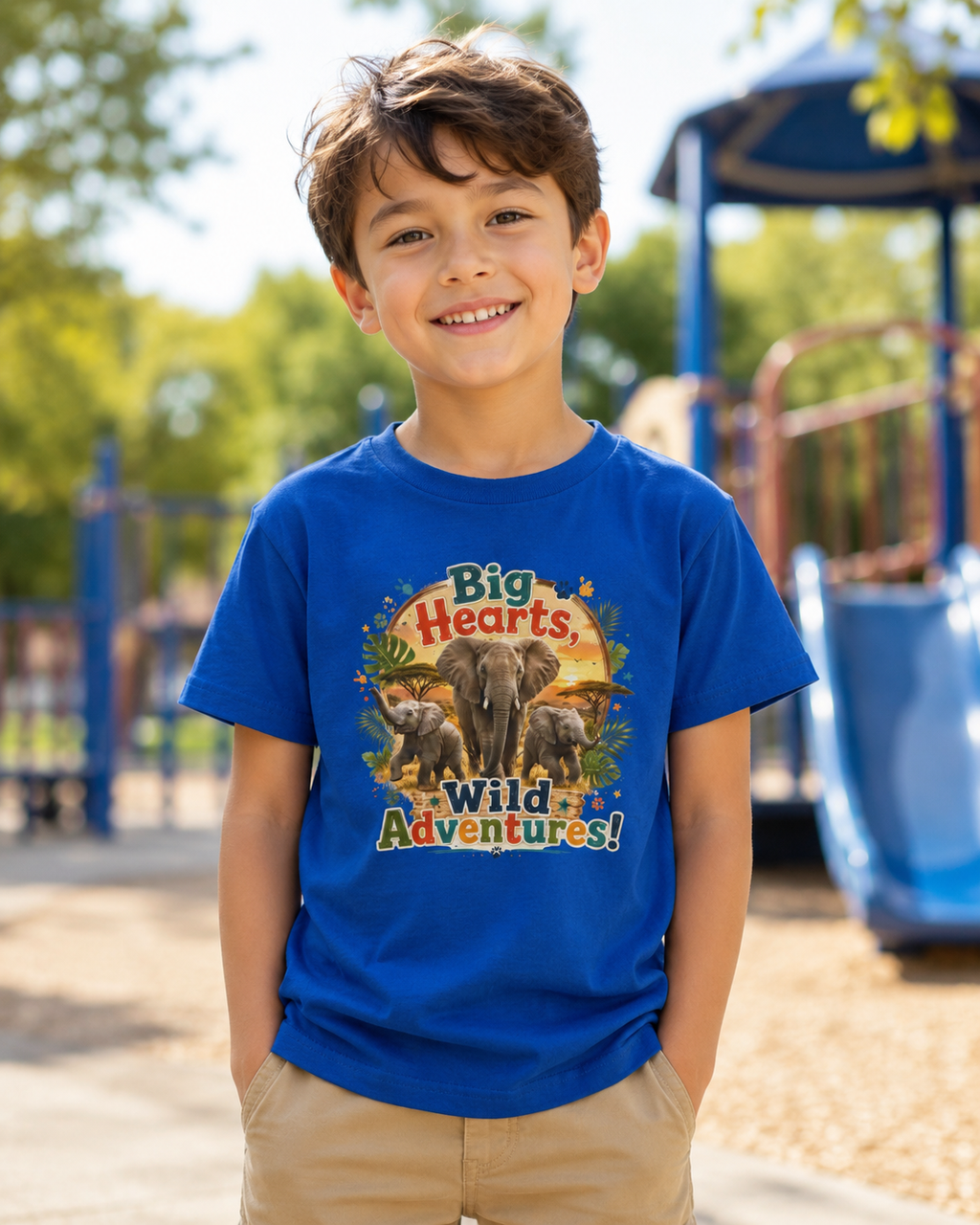 Kids T-Shirt — “Big Hearts, Wild Adventures!” Elephant Safari Shirt for Kids, Cute Animal Adventure Tee