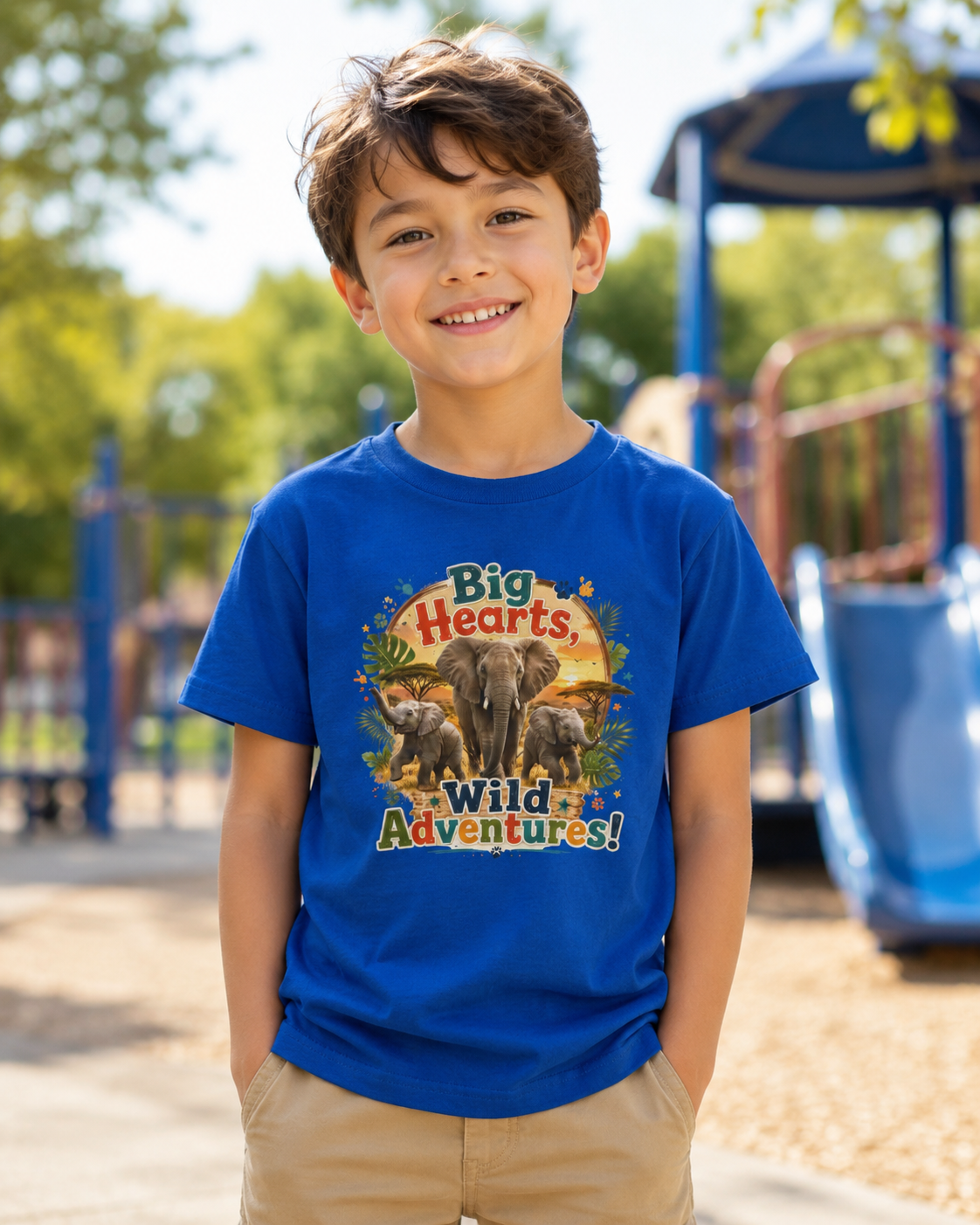 Kids T-Shirt — “Big Hearts, Wild Adventures!” Elephant Safari Shirt for Kids, Cute Animal Adventure Tee