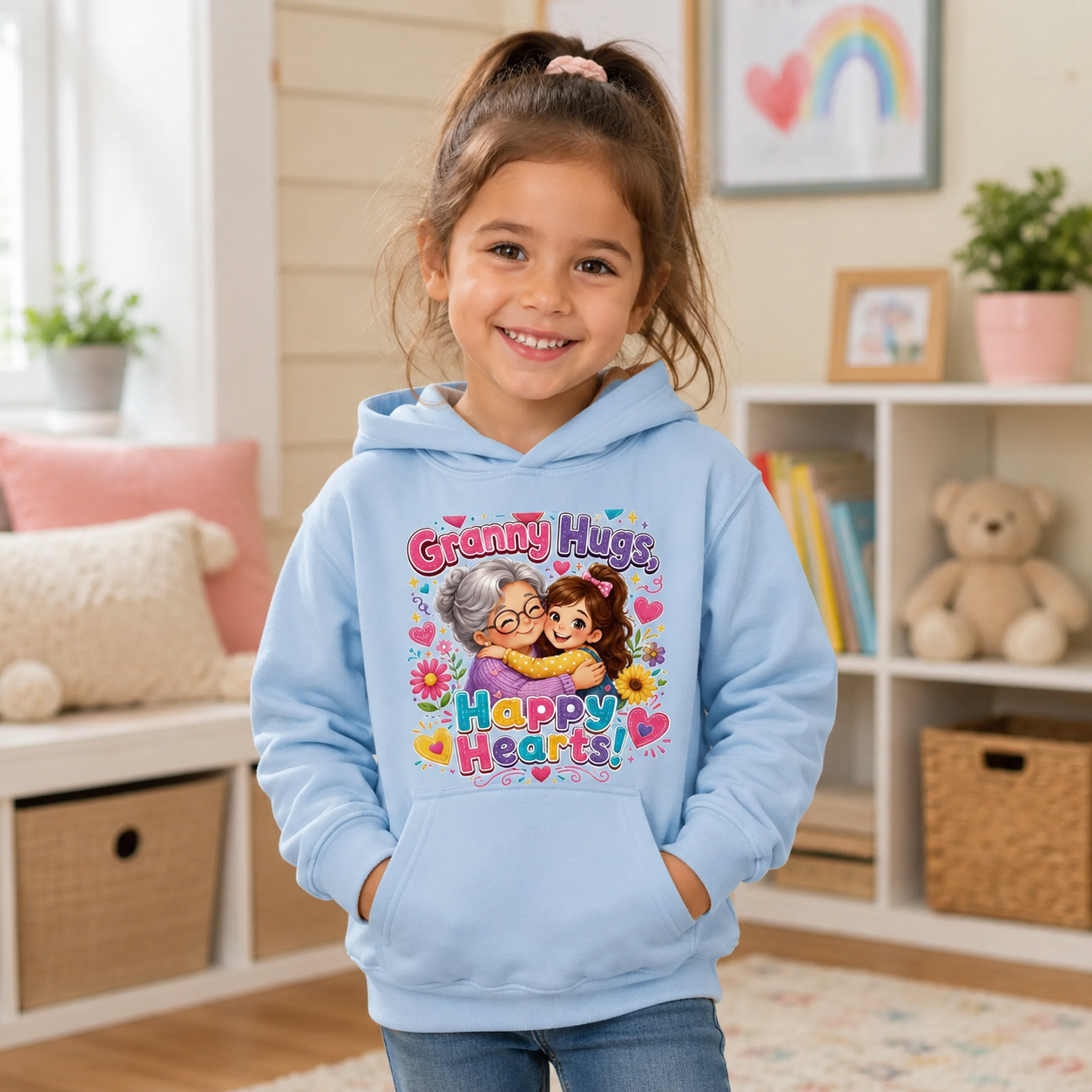 Kids Hoodie — "Granny Hugs, Happy Hearts" Cute Grandmother & Child Graphic Hoodie