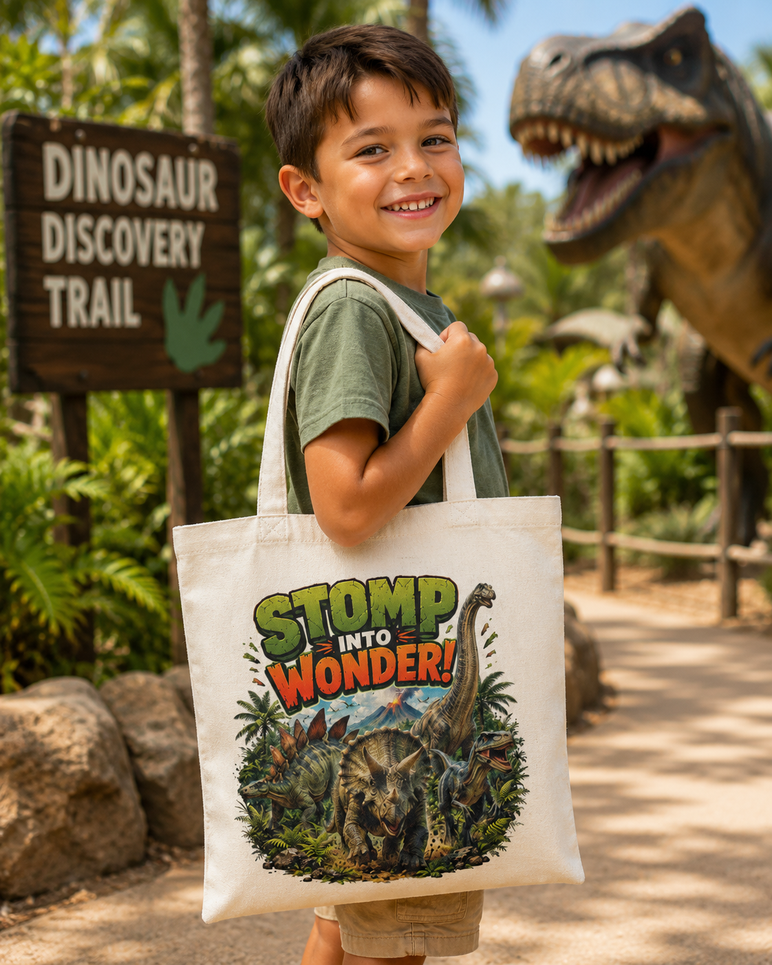 Stomp Into Wonder Natural Tote Bag — Retro Dinosaur Jungle Illustration