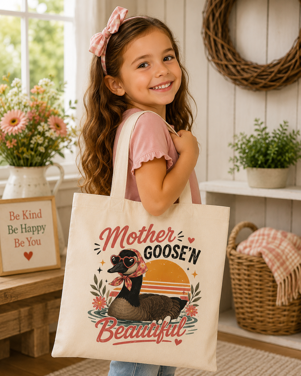 Mother Goose'n Beautiful Tote Bag — Cute Vintage Goose Mom Canvas Tote for Mother’s Day