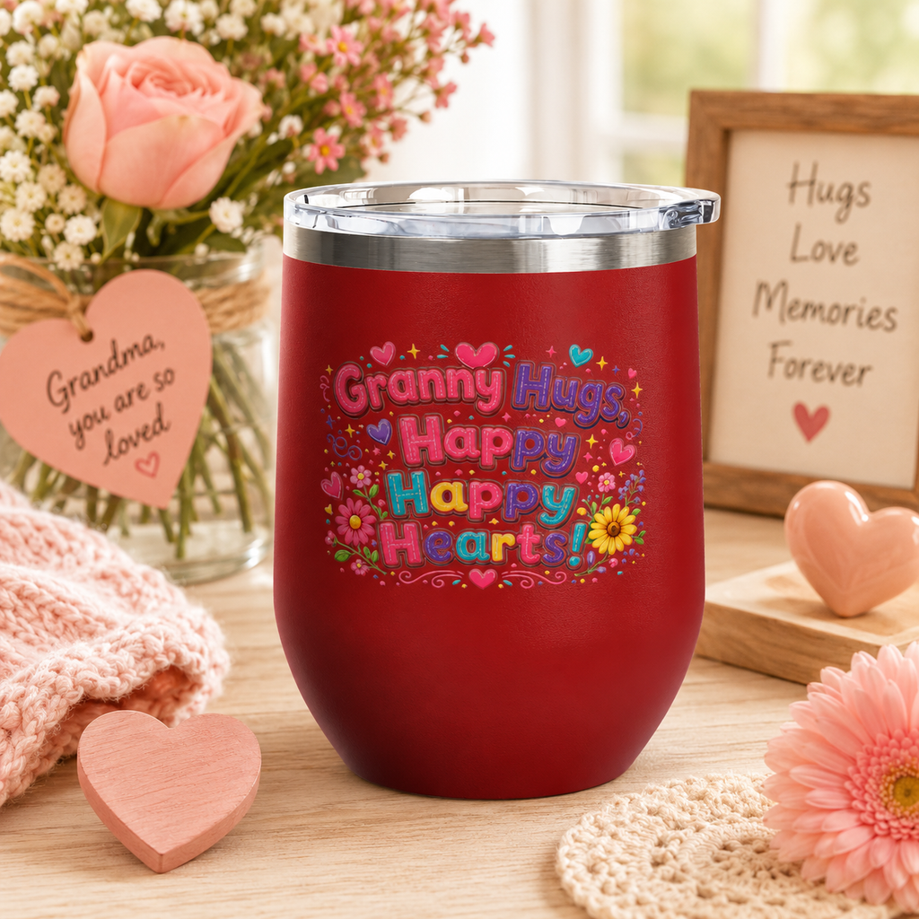 "Granny Hugs, Happy Happy Hearts" Floral 12oz Insulated Cup