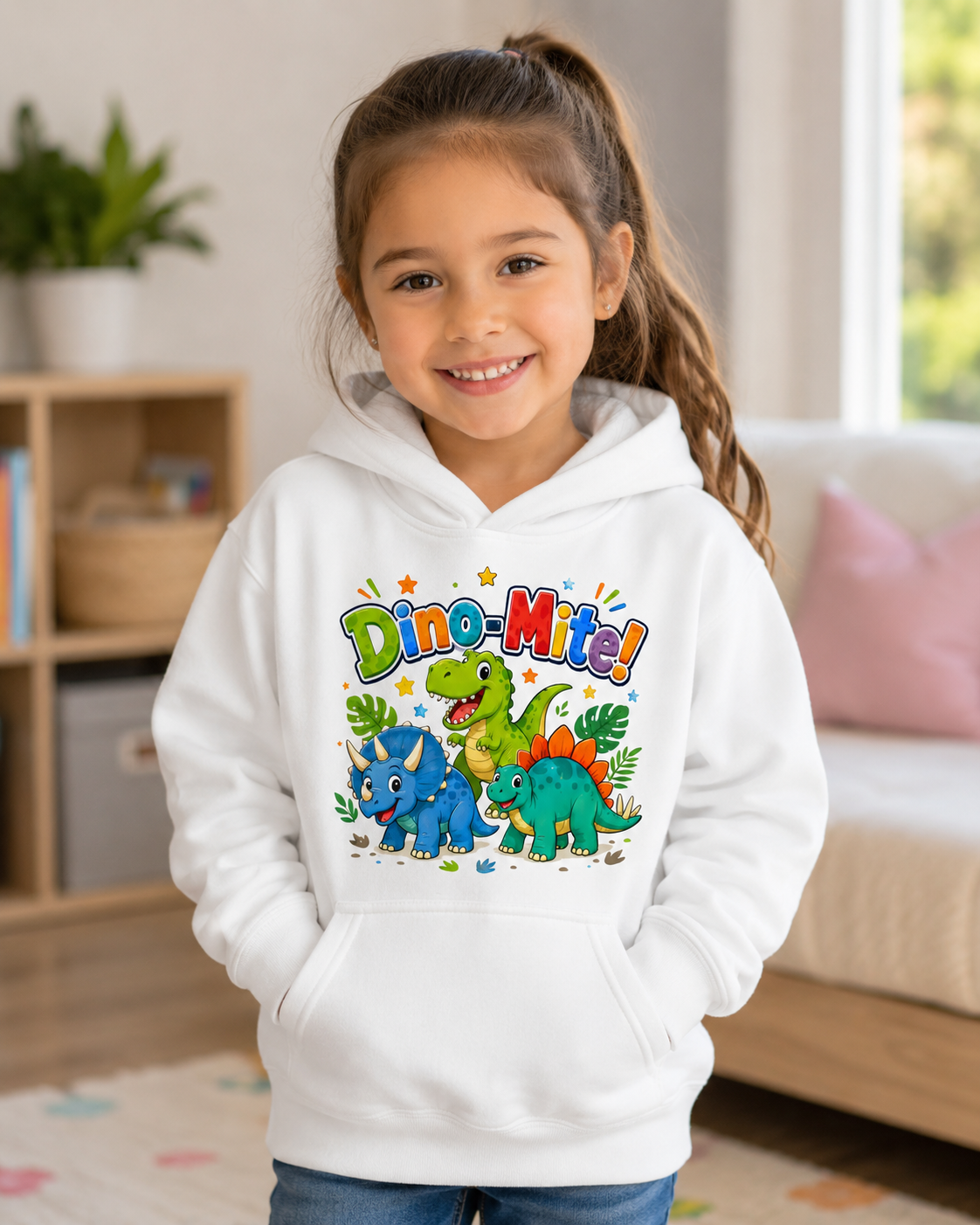 Dino-Mite! Kids Hoodie — Cute Colorful Dinosaur Pullover for Toddlers & Kids