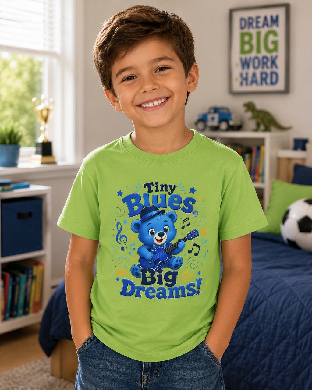 Kids Tee - "Tiny Blues, Big Dreams!" Cute Blue Bear Music Graphic