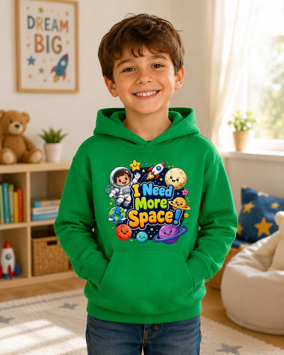 Kids Hoodie - "I Need More Space!" Cute Space Explorer Sweatshirt for Boys & Girls