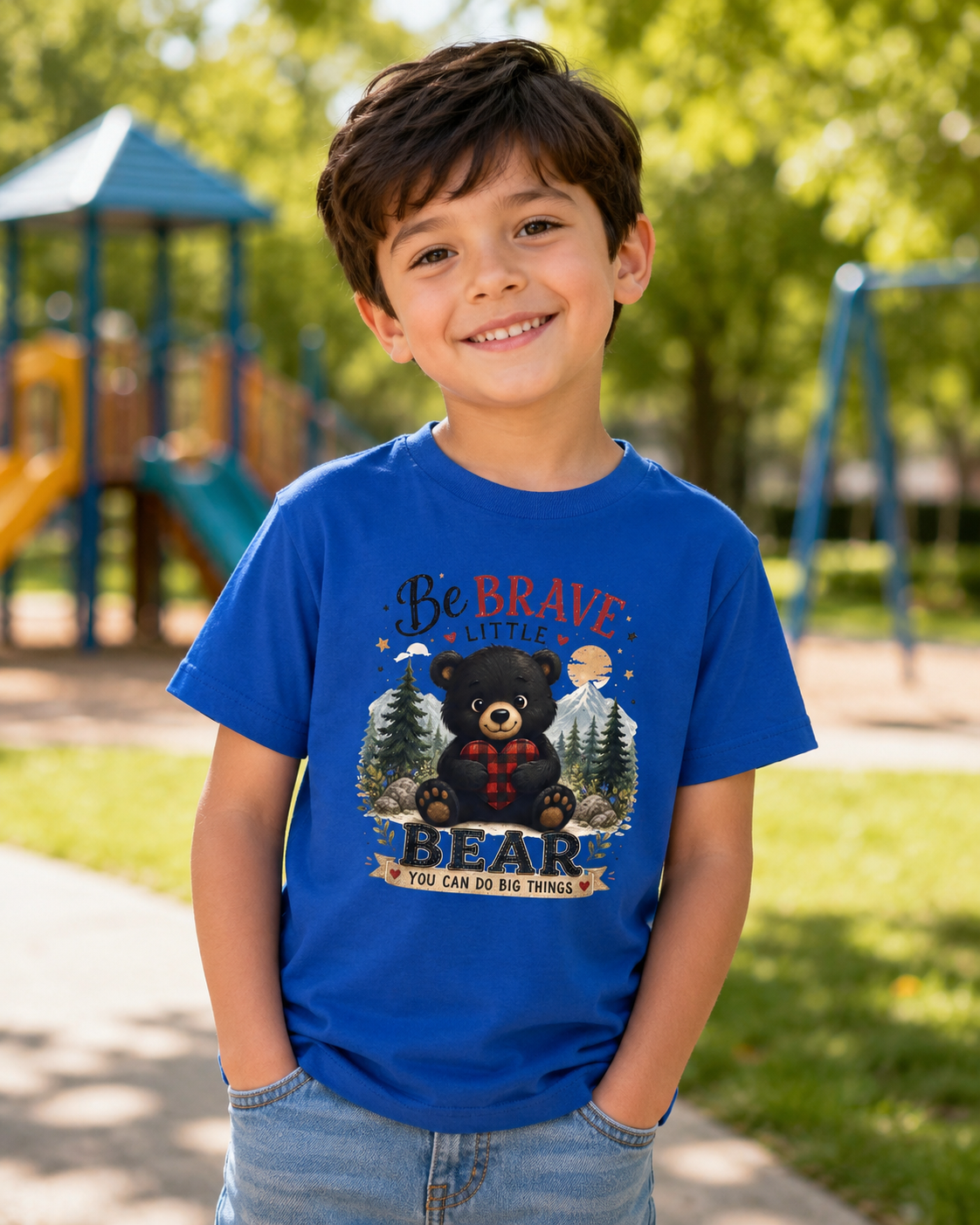 Kids T‑Shirt — "Be Brave Little Bear" Cute Woodland Bear Tee for Children, Inspirational Adventure Gift