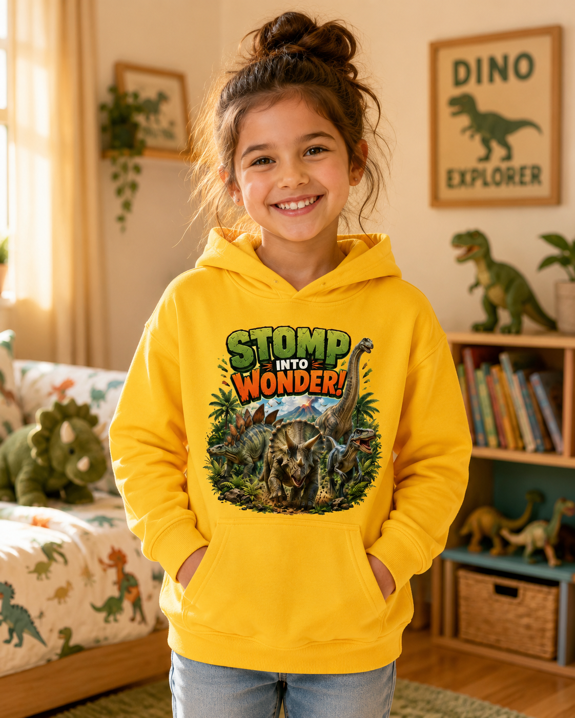 Kids Hoodie — "Stomp Into Wonder" Dinosaur Graphic Pullover