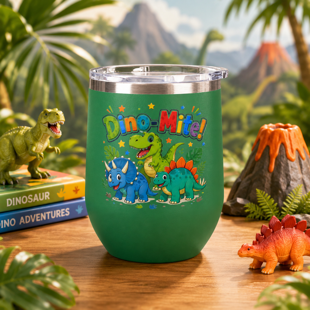 "Dino-Mite!" Cute Kids Dinosaur 12oz Insulated Tumbler