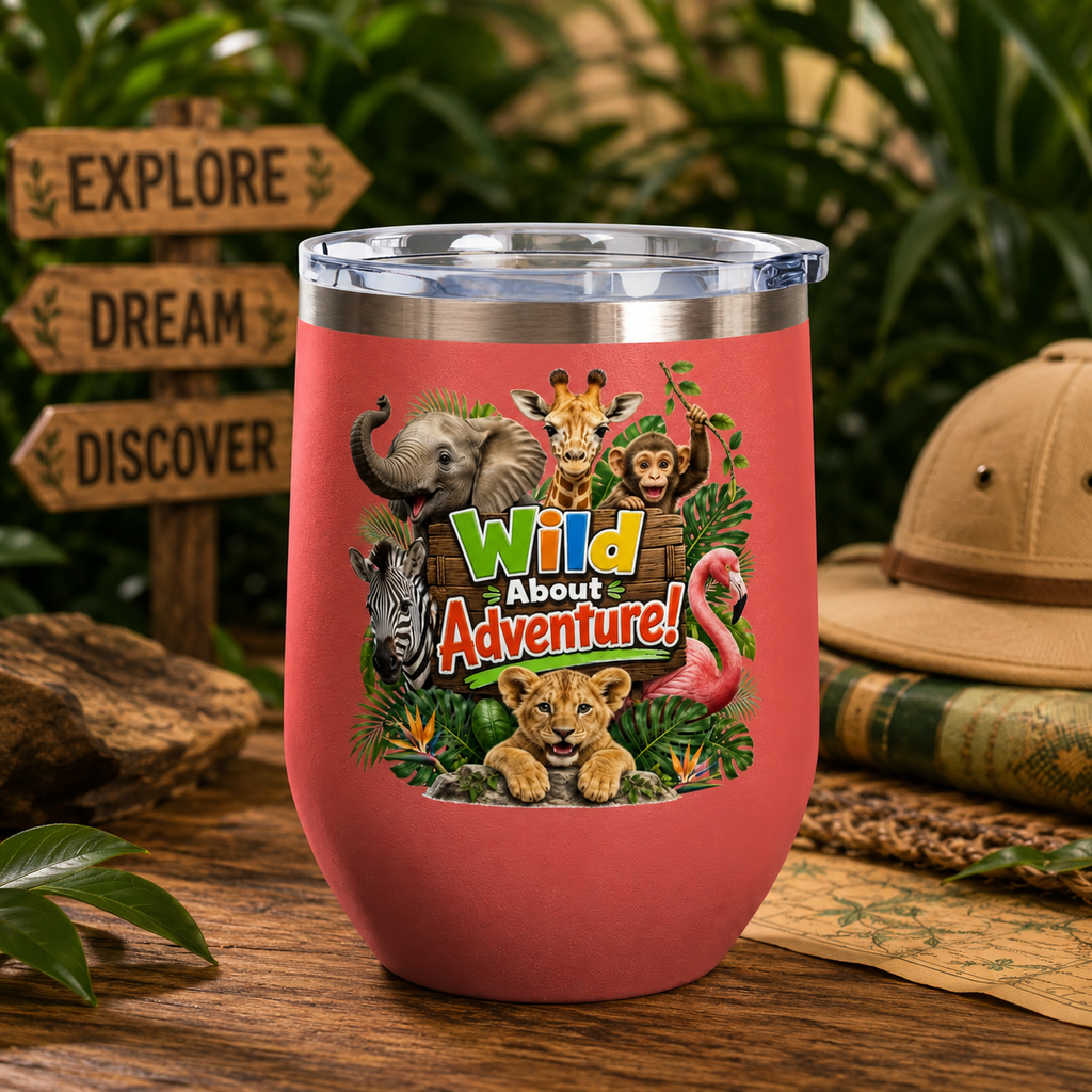 12oz Tumbler — "Wild About Adventure!" Safari Animal Travel Cup