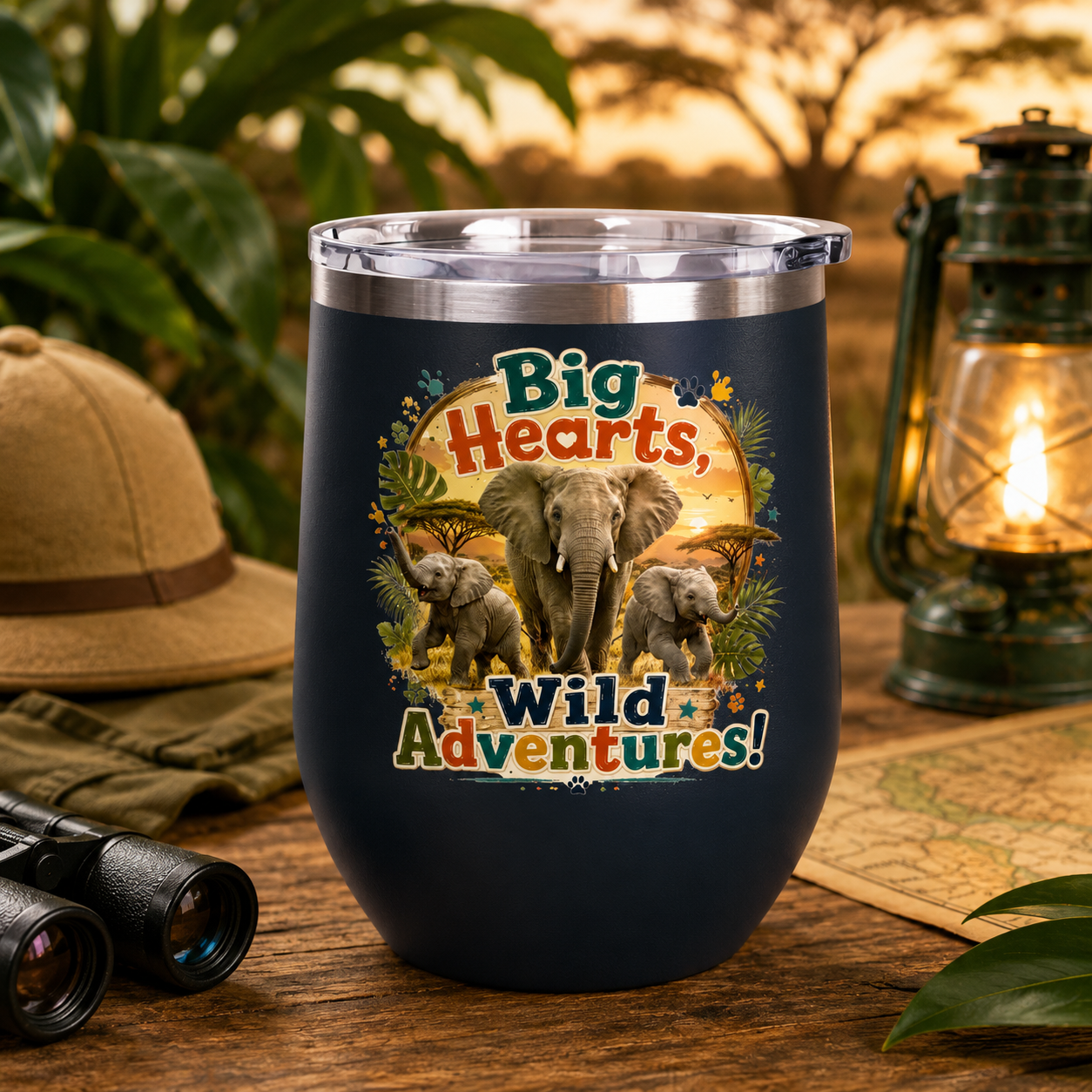 12oz Tumbler — "Big Hearts, Wild Adventures!" Elephant Safari Travel Cup