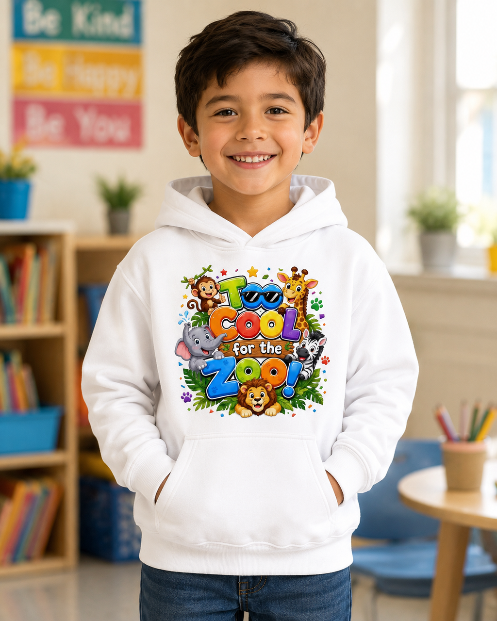 Too Cool for the Zoo Kids Hoodie — Cute Jungle Animals Graphic Hoodie