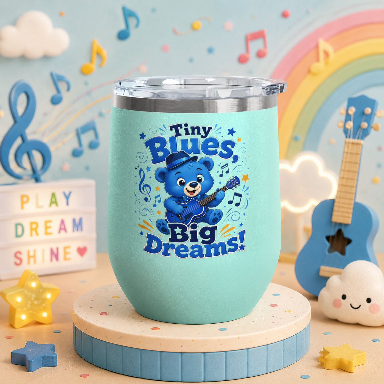 12oz Tumbler — "Tiny Blues Big Dreams" Cute Blue Bear Music Design