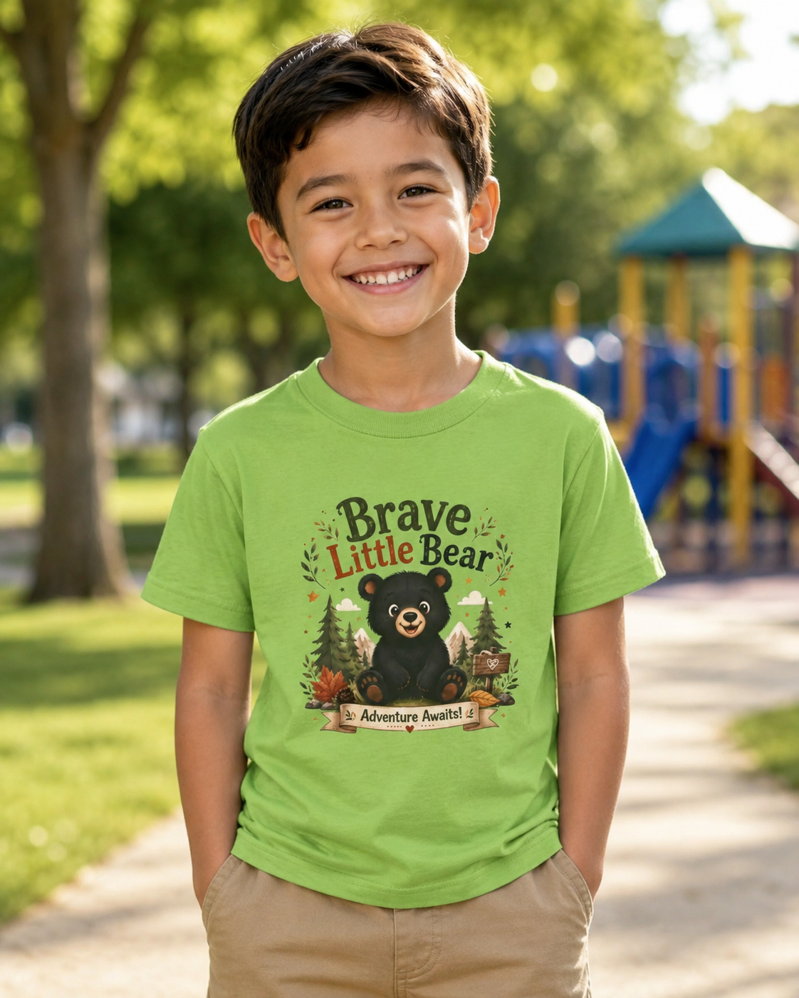 Kids Tee — "Brave Little Bear" Adventure Graphic Shirt