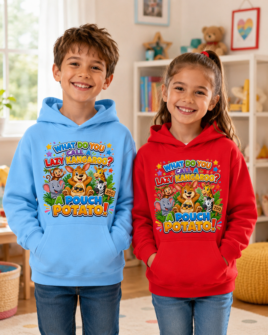 Lazy Kangaroo Pouch Potato Kids Hoodie | Cute Animal Joke Graphic