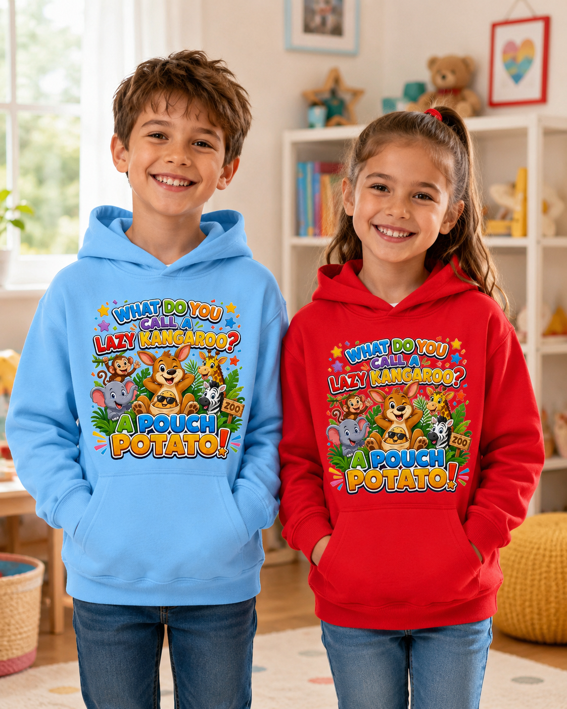 Lazy Kangaroo Pouch Potato Kids Hoodie | Cute Animal Joke Graphic