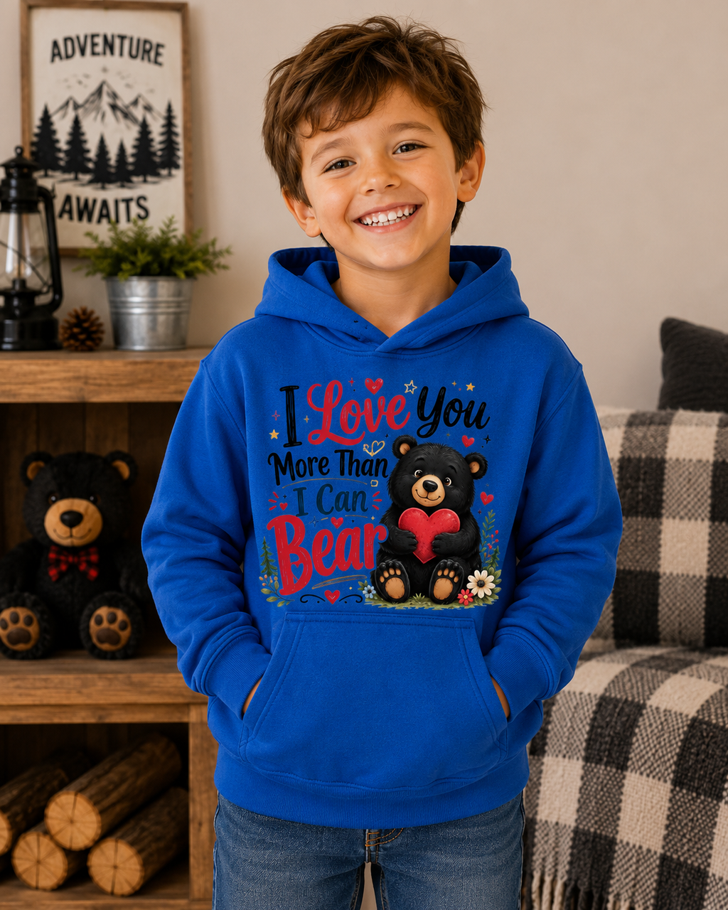 Kids Hoodie — "I Love You More Than I Can Bear" Cute Bear Valentine Design