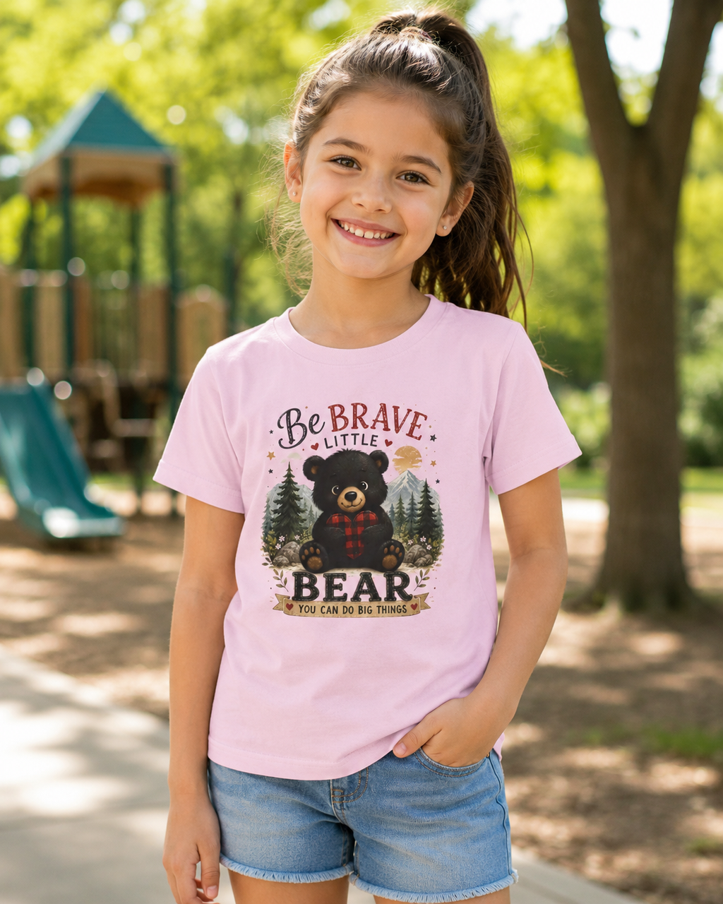 Kids T‑Shirt — "Be Brave Little Bear" Cute Woodland Bear Tee for Children, Inspirational Adventure Gift