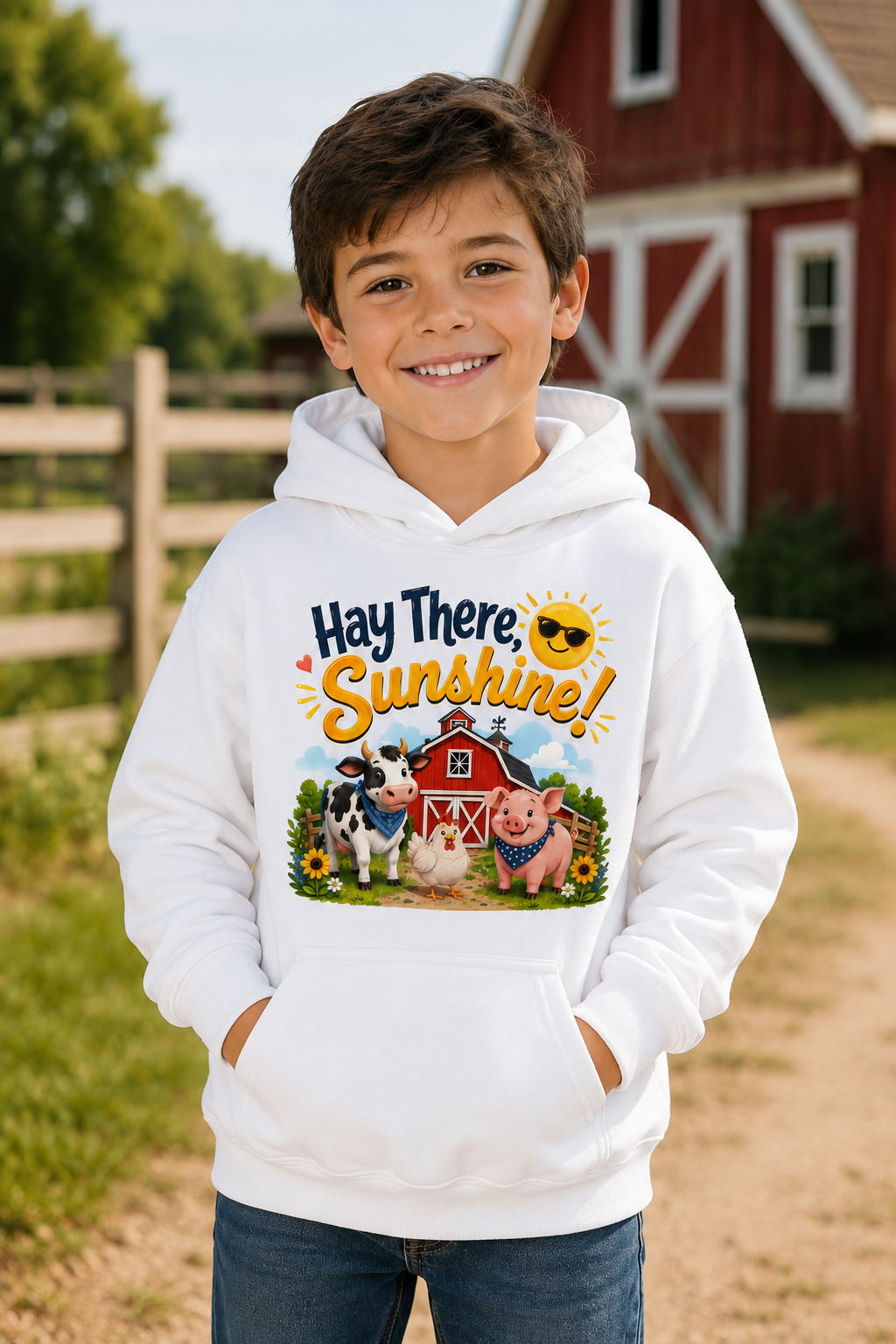 Hay There Sunshine! Kids Hoodie - Cute Farm Animals Barnyard Sweatshirt