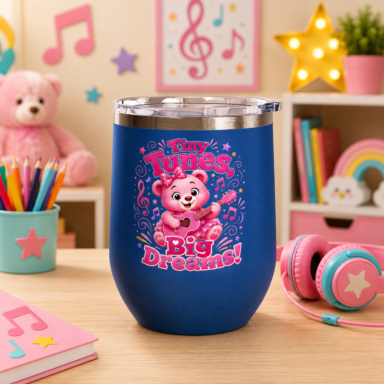 12oz Tumbler — "Tiny Tunes, Big Dreams" Cute Pink Bear Design