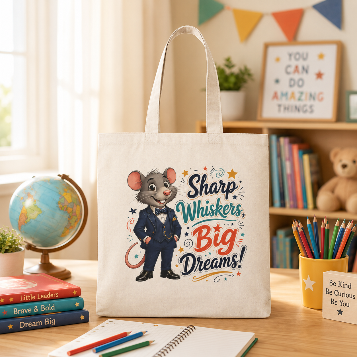 Tote Bag — "Sharp Whiskers, Big Dreams!" Cute Motivational Mouse Eco Tote