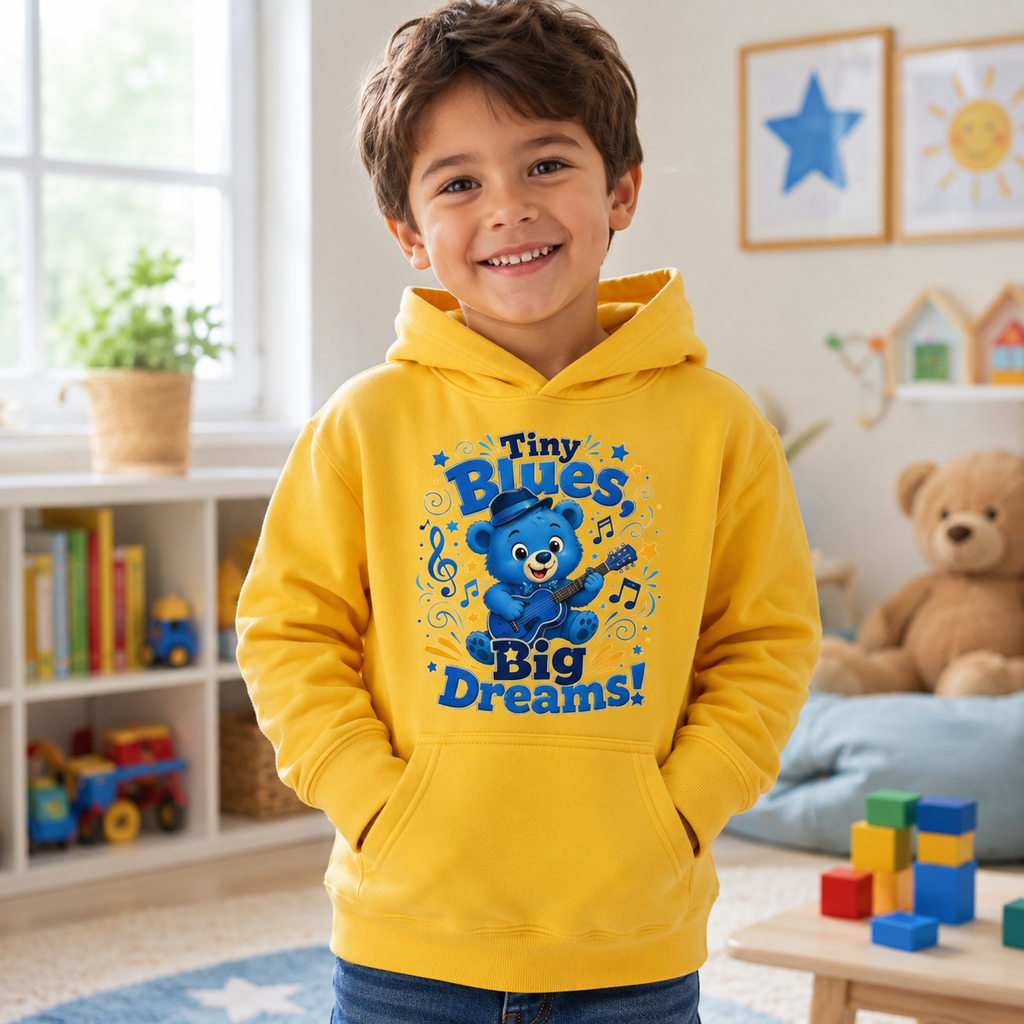 Kids Hoodie - "Tiny Blues Big Dreams" Cute Blue Bear Music Hoodie for Children