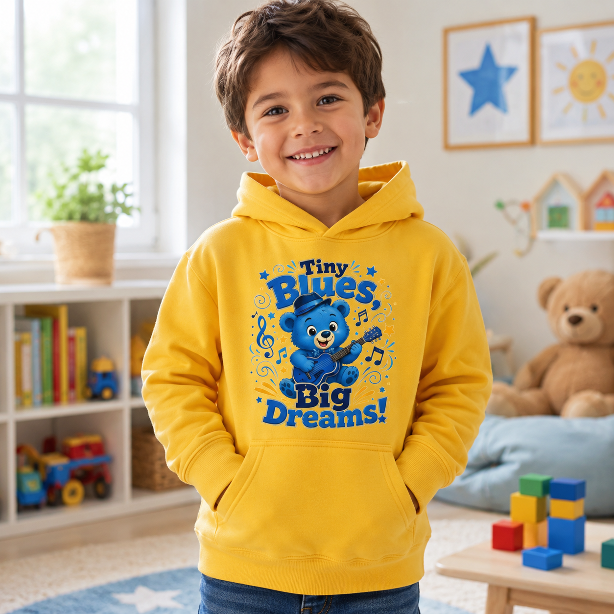 Kids Hoodie - "Tiny Blues Big Dreams" Cute Blue Bear Music Hoodie for Children
