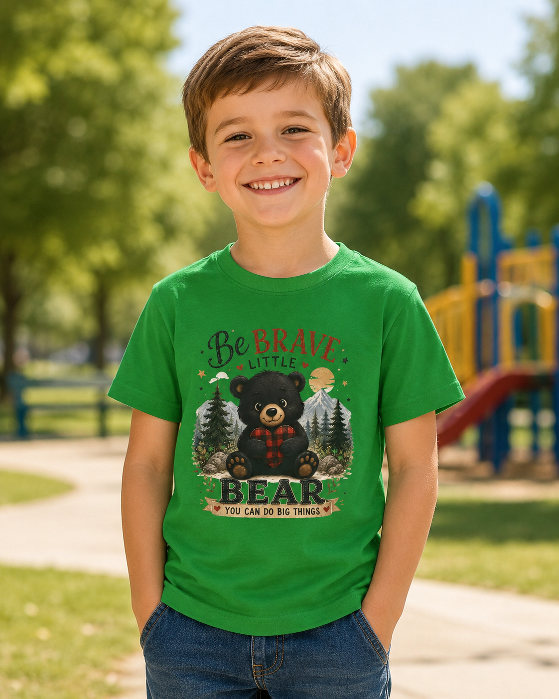 Kids T‑Shirt — "Be Brave Little Bear" Cute Woodland Bear Tee for Children, Inspirational Adventure Gift