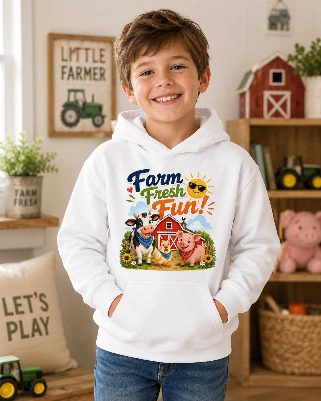 Farm Fresh Fun Kids Hoodie — Cute Cow & Pig Barnyard Design
