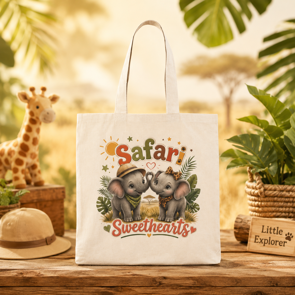Safari Sweethearts Tote Bag — Cute Elephant Couple Canvas Tote for Kids & Animal Lovers