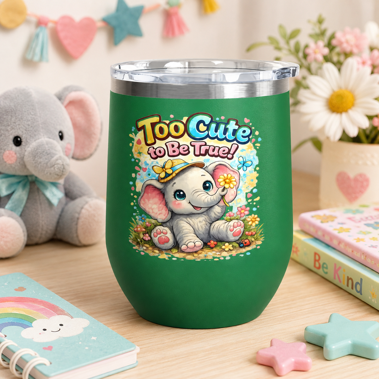 12oz Tumbler - "Too Cute to Be True" Baby Elephant Floral Design