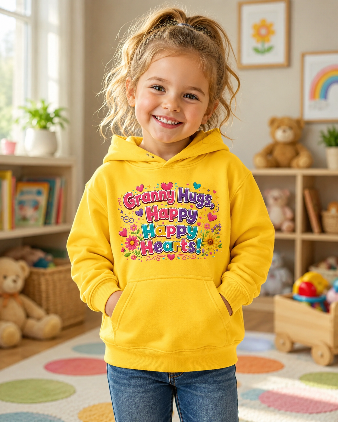 Granny Hugs Happy Happy Heart Kids Hoodie | Colorful Floral Heart Design