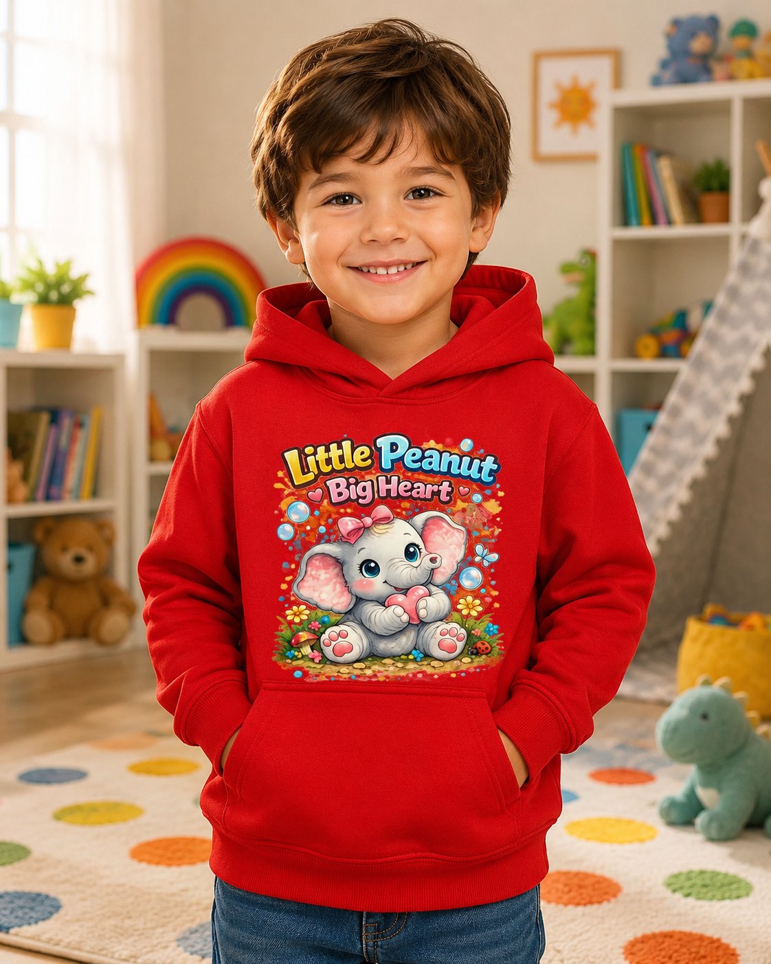 Kids Hoodie - "Little Peanut Big Heart" Cute Baby Elephant Graphic Pullover