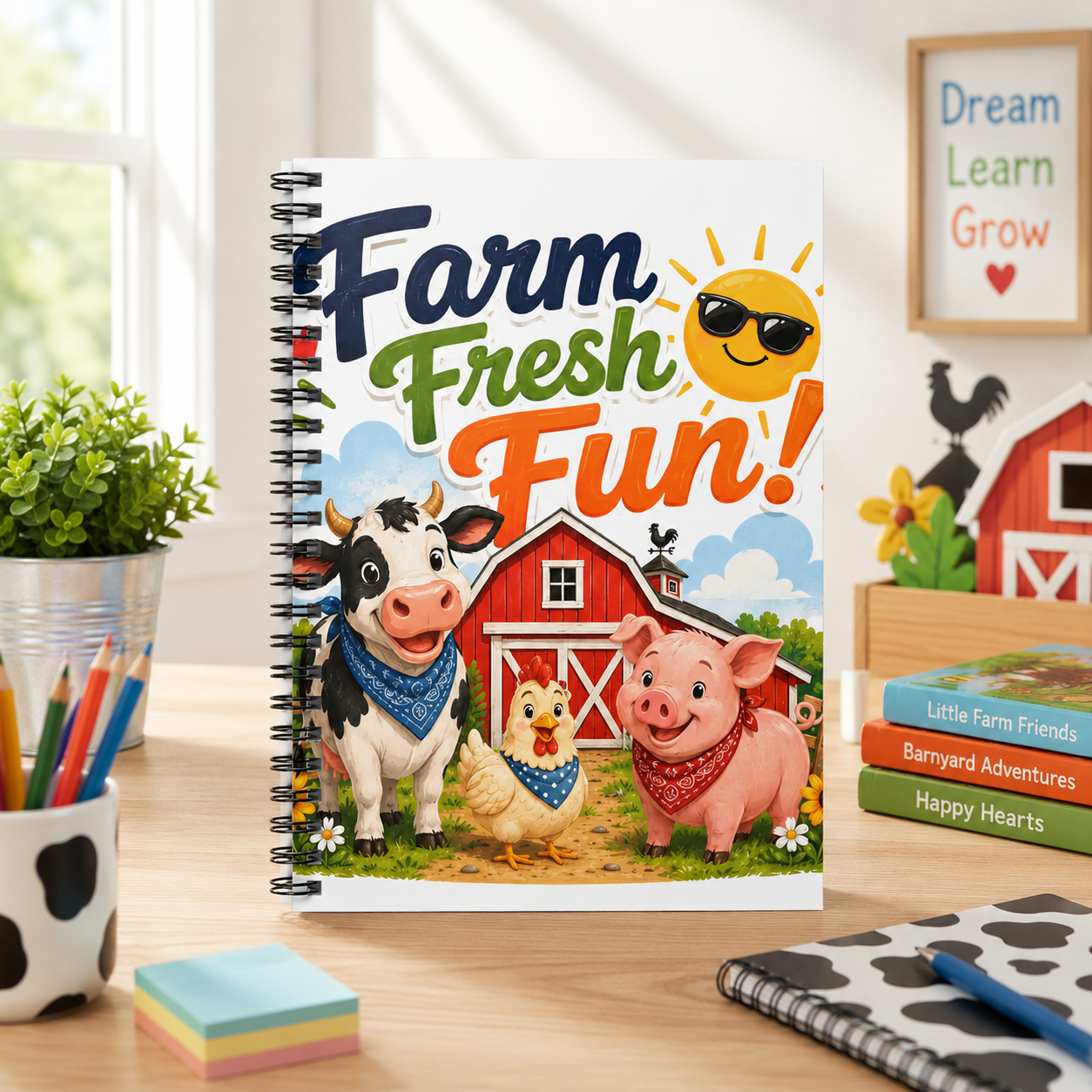 Farm Fresh Fun! Spiral Notebook — Cute Barnyard Cow, Pig & Chicken Journal