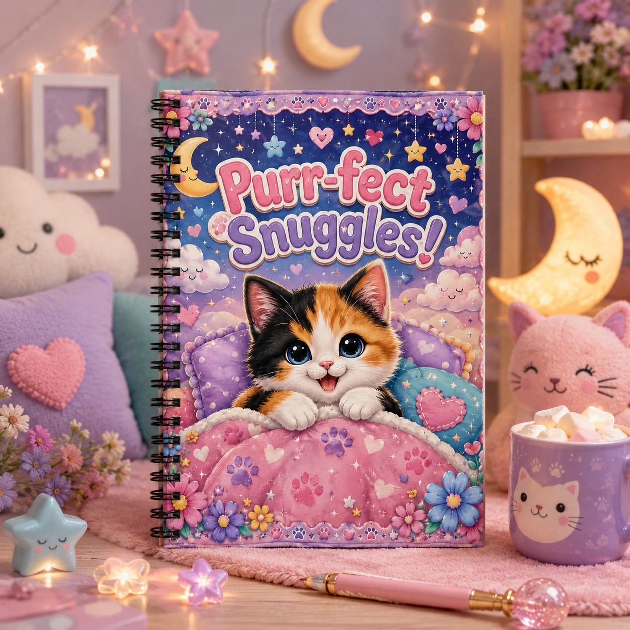 Purr-fect Snuggles! Cat Spiral Notebook — Cute Kawaii Kitten Journal for Notes & School