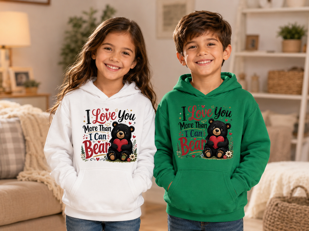 Kids Hoodie — "I Love You More Than I Can Bear" Cute Bear Valentine Design