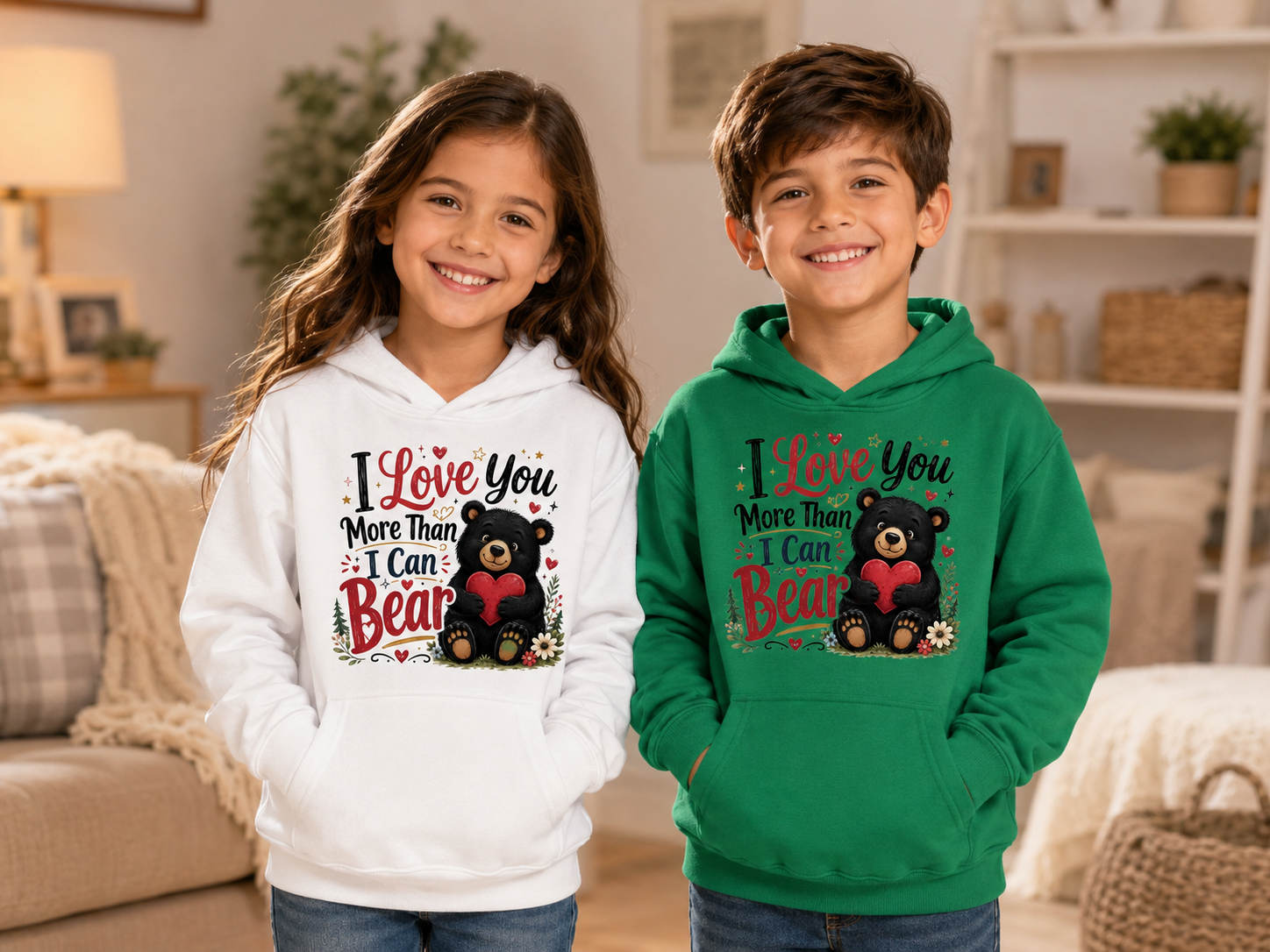 Kids Hoodie — "I Love You More Than I Can Bear" Cute Bear Valentine Design