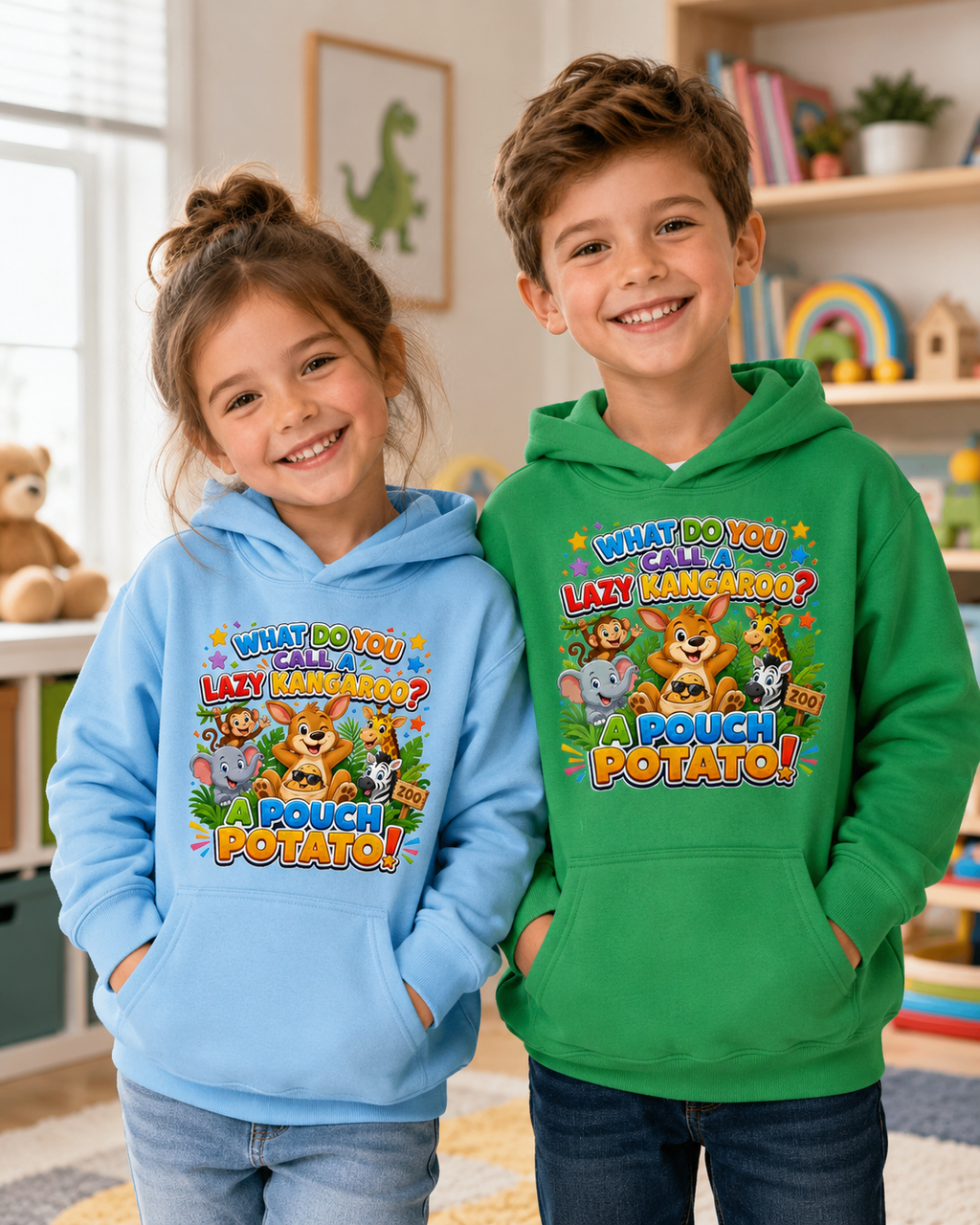 Lazy Kangaroo Pouch Potato Kids Hoodie | Cute Animal Joke Graphic