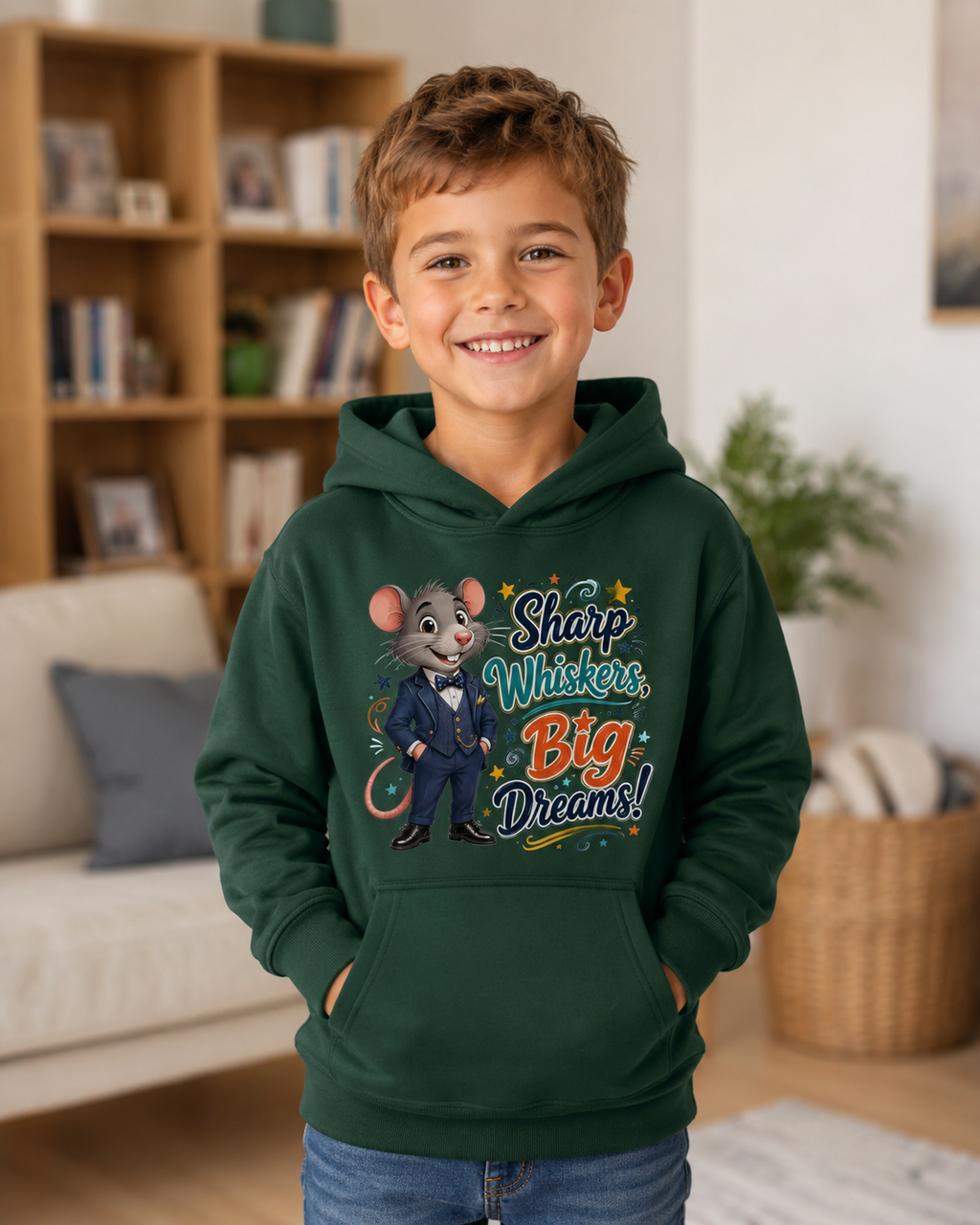 Kids Hoodie — Sharp Whiskers, Big Dreams! Cute Motivational Mouse Graphic Hoodie