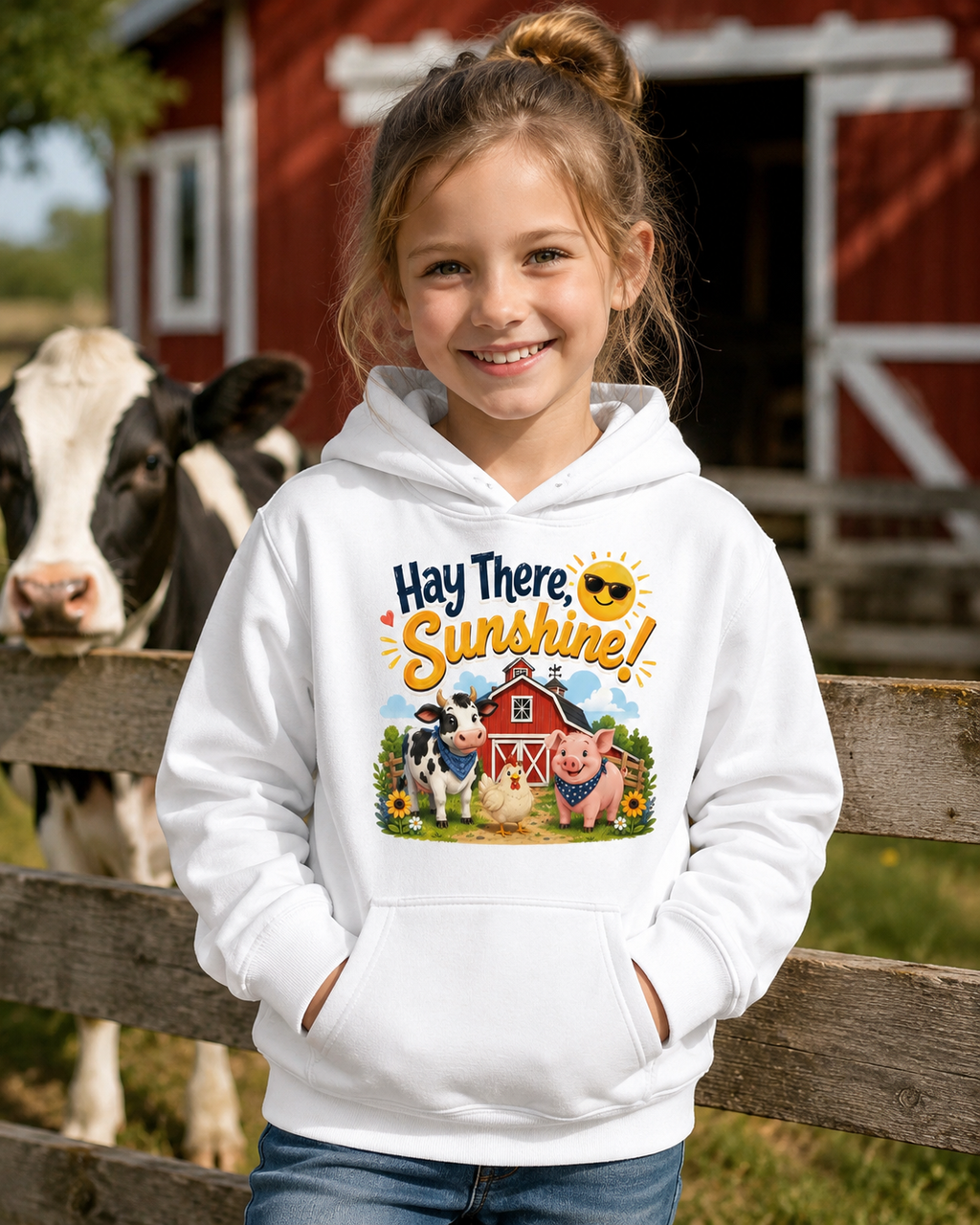 Hay There Sunshine! Kids Hoodie - Cute Farm Animals Barnyard Sweatshirt