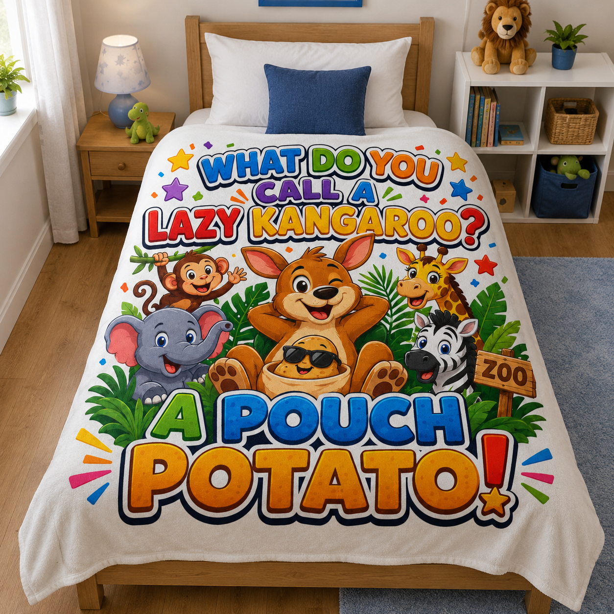 Kids' Funny 'A Pouch Potato' Blanket – Cute Jungle Kangaroo Design