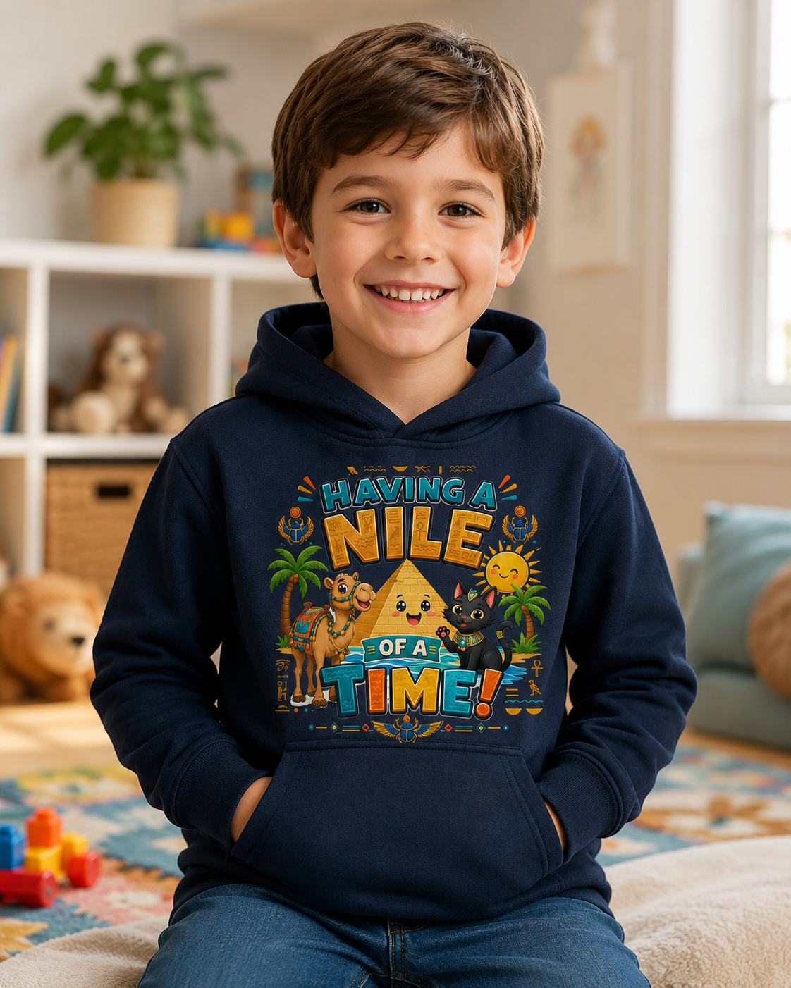 Having a Nile of a Time Kids Hoodie | Cute Egyptian Pyramid Cat Cartoon