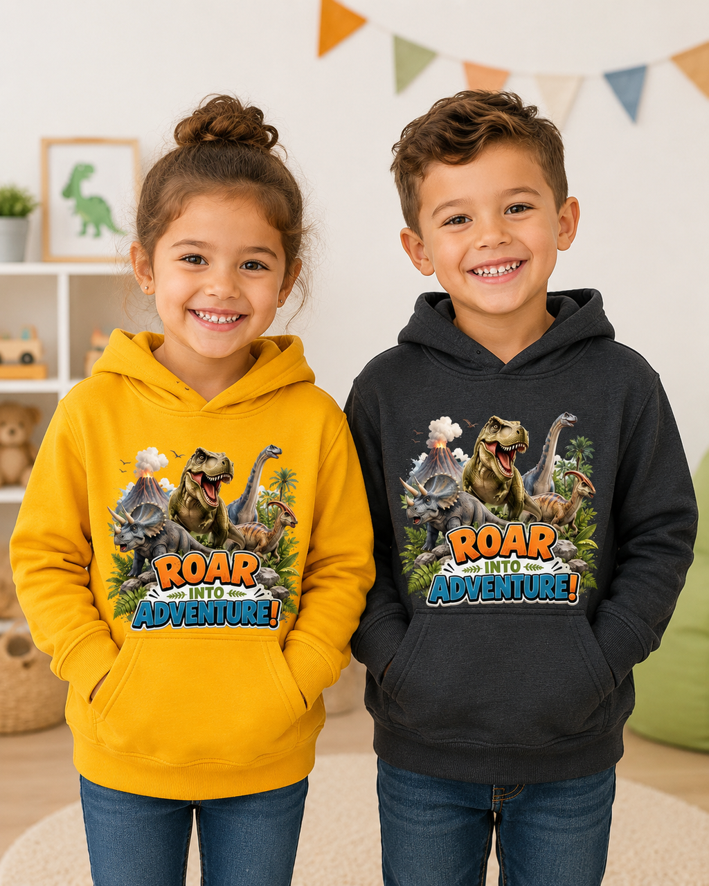 Kids Hoodie - "Roar Into Adventure" Dinosaur Hoodie for Boys & Girls, T‑Rex Graphic Pullover