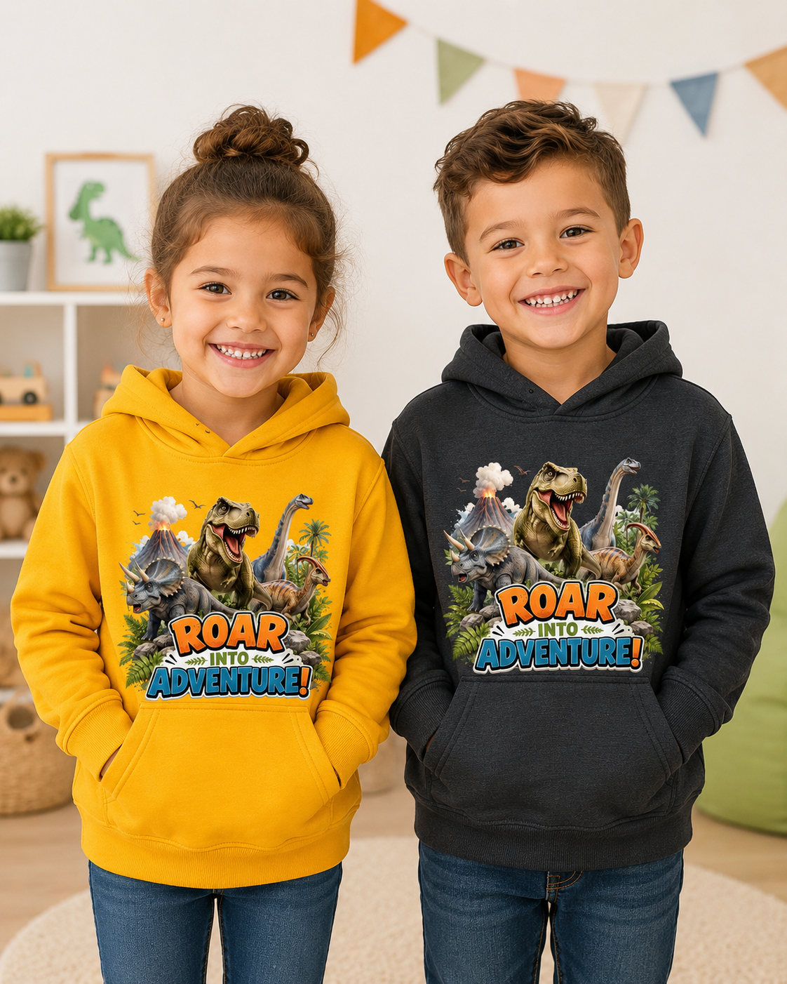 Kids Hoodie - "Roar Into Adventure" Dinosaur Hoodie for Boys & Girls, T‑Rex Graphic Pullover