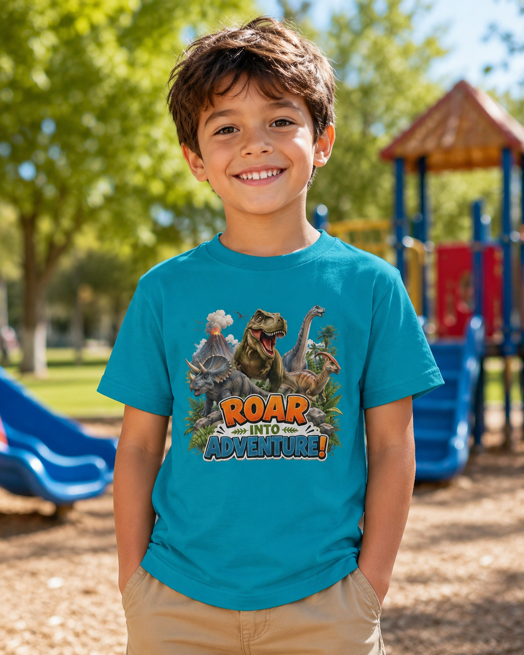 Kids Dinosaur Tee - "Roar Into Adventure" Graphic Shirt for Boys & Girls