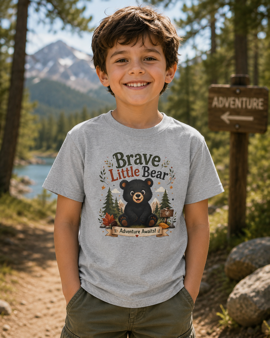 Kids Tee — "Brave Little Bear" Adventure Graphic Shirt