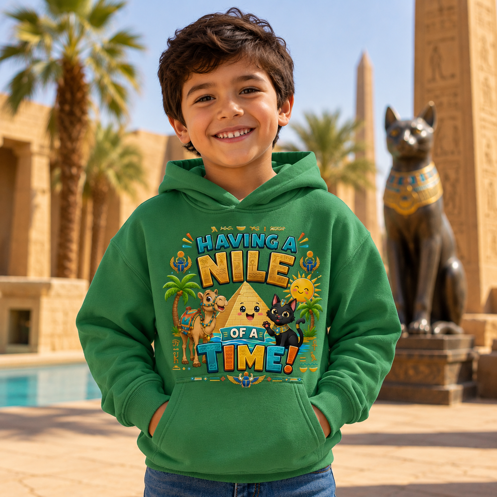 Having a Nile of a Time Kids Hoodie | Cute Egyptian Pyramid Cat Cartoon