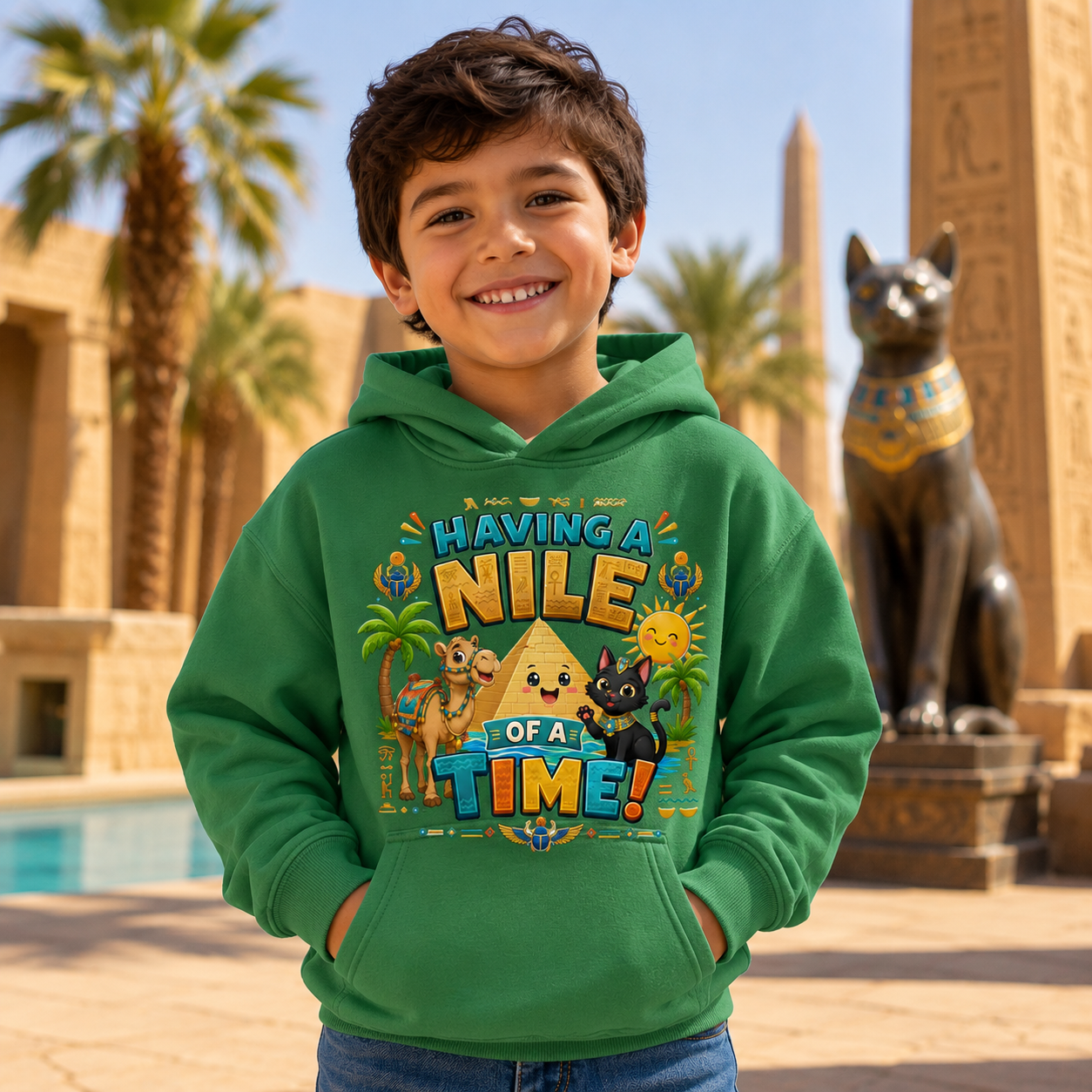 Having a Nile of a Time Kids Hoodie | Cute Egyptian Pyramid Cat Cartoon